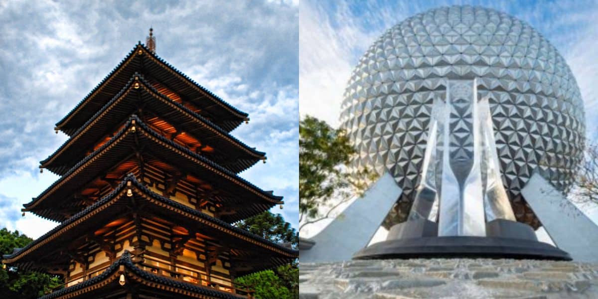A split image shows a traditional Japanese pagoda with tiered roofs on the left, and a large, futuristic geodesic sphere structure on the right, both under blue, partly cloudy skies.