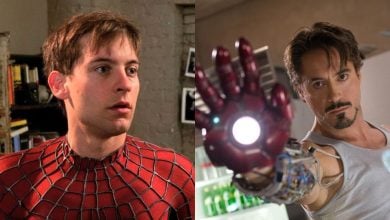 Side-by-side images of Tobey Maguire as Spider-Man in costume, looking surprised, and Robert Downey Jr. as Iron Man, with his palm outstretched, showing the glowing light from his armored glove.