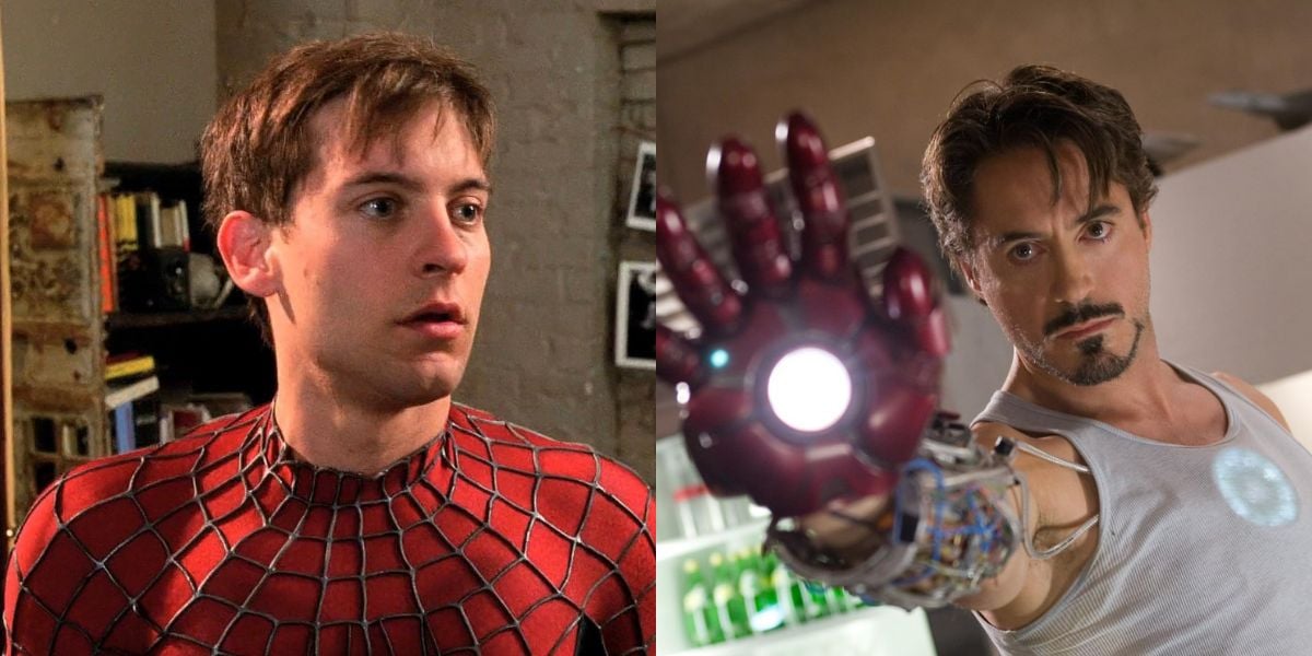 Side-by-side images of Tobey Maguire as Spider-Man in costume, looking surprised, and Robert Downey Jr. as Iron Man, with his palm outstretched, showing the glowing light from his armored glove.