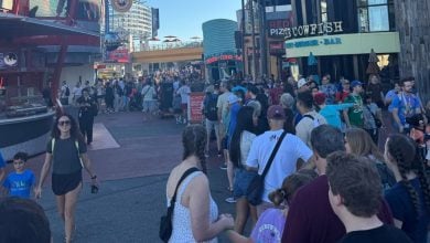 A large crowd of people waits in a long line outside various restaurants and shops at an outdoor entertainment complex on a sunny day.