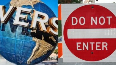 A split image showing part of the Universal Studios globe sculpture on the left and a red "Do Not Enter" road sign on the right.