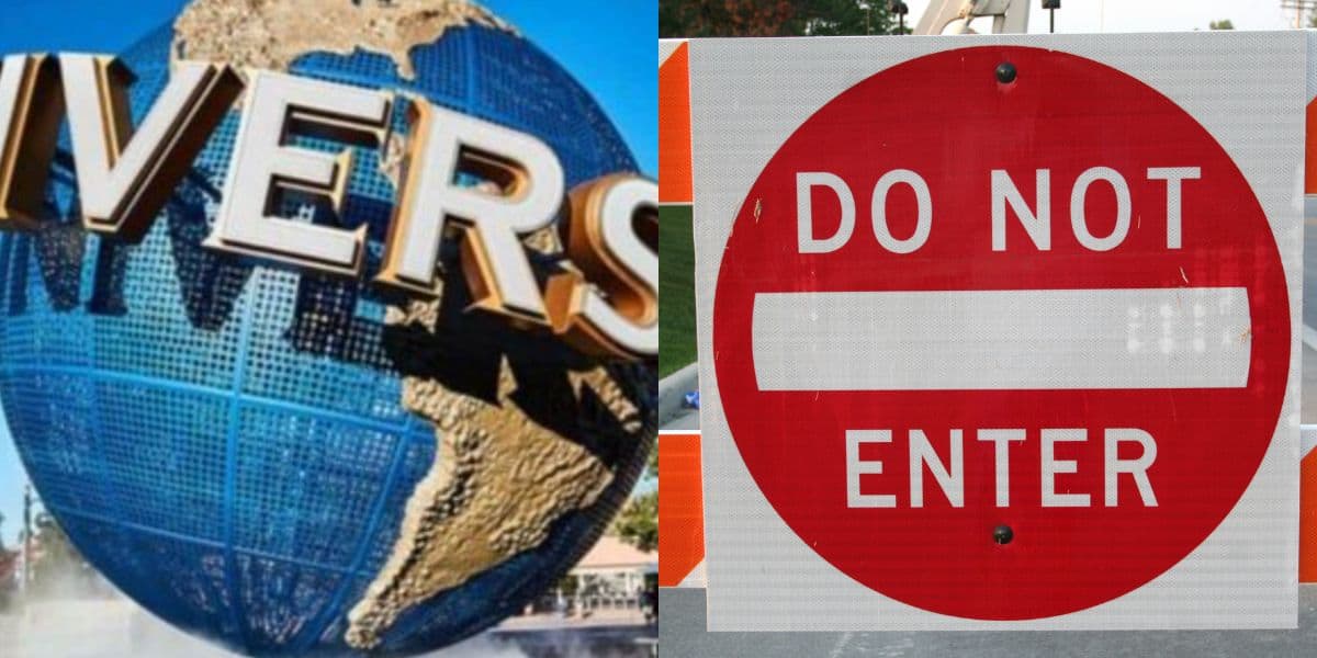A split image showing part of the Universal Studios globe sculpture on the left and a red "Do Not Enter" road sign on the right.