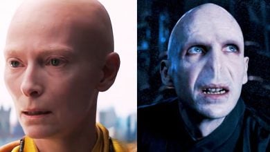 Side-by-side images: Tilda Swinton in 'Avengers: Endgame' on the left, Ralph Fiennes as Voldemort in 'Harry Potter and the Order of the Phoenix'