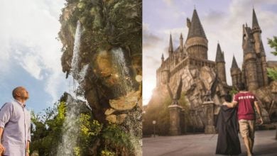 A split image showing people admiring waterfalls and lush scenery on the left, and two people walking toward a castle resembling Hogwarts from Harry Potter on the right.