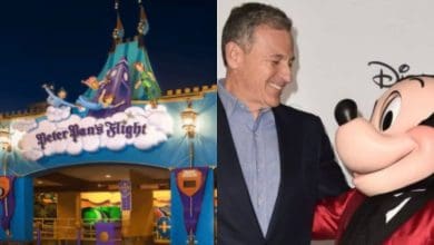 The image is split in two: on the left, the entrance to the Peter Pan’s Flight ride at Disneyland; on the right, a man in a suit smiles and poses with someone in a Mickey Mouse costume.