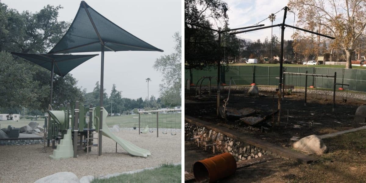 Side-by-side images of Charles White Park before and after the wildfires.