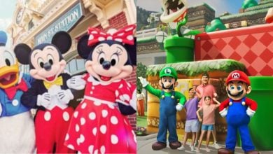 split image with Mickey, Minnie, and Donald Duck on the left side. on the right is Mario and Luigi taking a picture with guests in Epic Universe's SUPER NINTENDO WORLD
