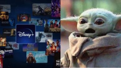 A collage of Disney+ movie and show thumbnails appears on the left. On the right, a surprised-looking Baby Yoda (Grogu) from "The Mandalorian" is shown up close, wearing a brown robe.