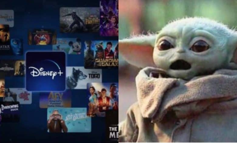 A collage of Disney+ movie and show thumbnails appears on the left. On the right, a surprised-looking Baby Yoda (Grogu) from "The Mandalorian" is shown up close, wearing a brown robe.