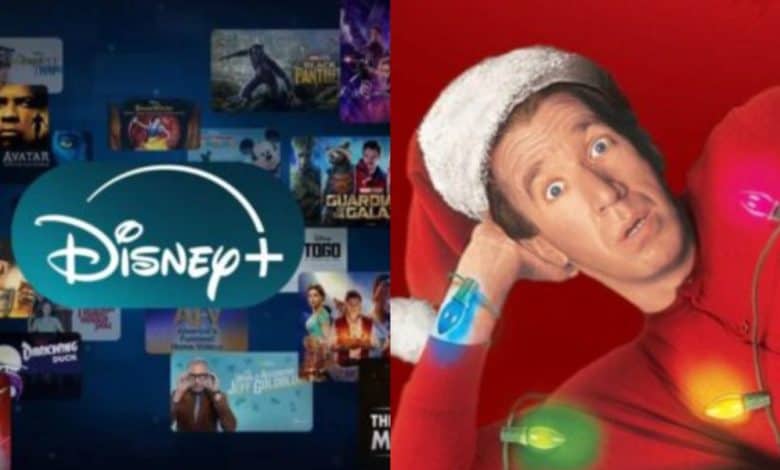 Split image: On the left, the Disney+ logo is surrounded by movie thumbnails. On the right, a man wearing a red Santa suit and hat is lying down, looking surprised, with colorful Christmas lights wrapped around his arm.