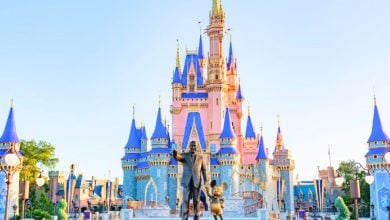 Disney World's Cinderella Castle in Magic Kingdom with bronze partner statue in front