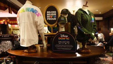 Rainbow Disney Pride merchandise on display at Disneyland Resort.