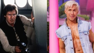 A split image shows Harrison Ford as Han Solo holding a blaster on the left, and Ryan Gosling as Ken wearing a sleeveless denim vest and smiling on the right.