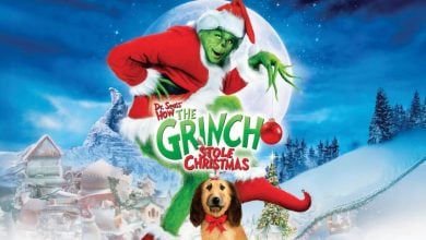 The Grinch, wearing a Santa suit, crouches mischievously above the text "Dr. Seuss' How The Grinch Stole Christmas" with a dog in front of him. Snowy Whoville and a full moon appear in the background.