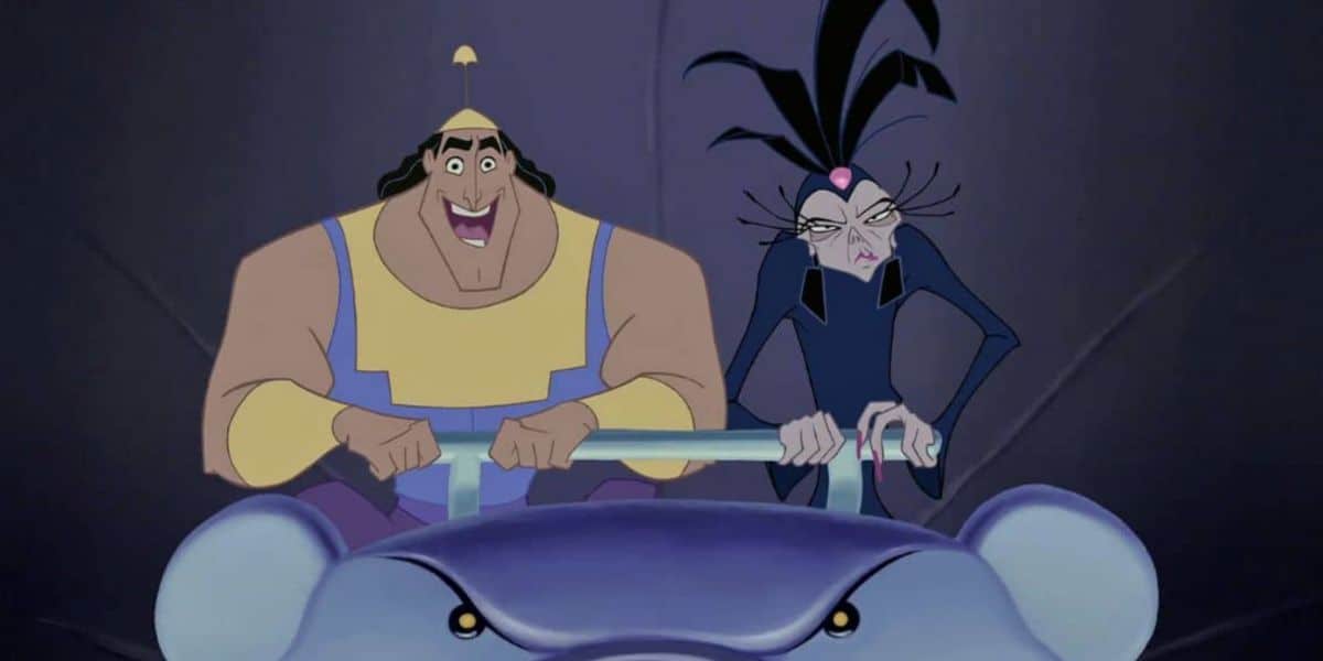 Kronk and Yzma ride rollercoaster in Disney's 'Emperor's New groove' movie