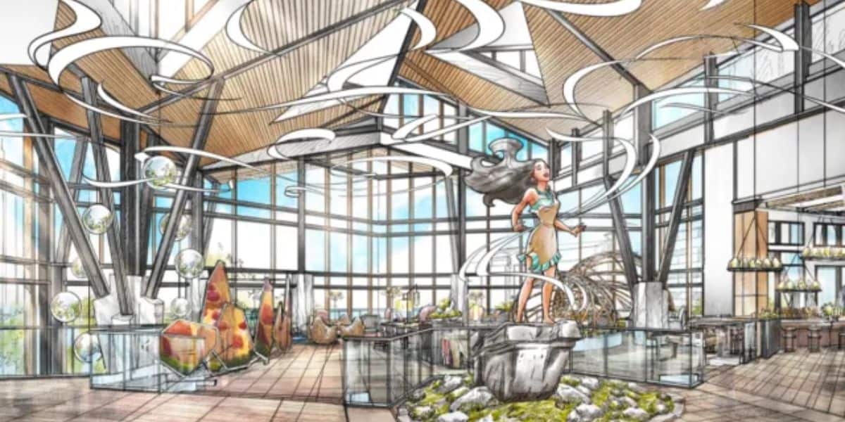 Concept art of a Pocahontas statue in the lobby at Disney's Lakeshore Lodge