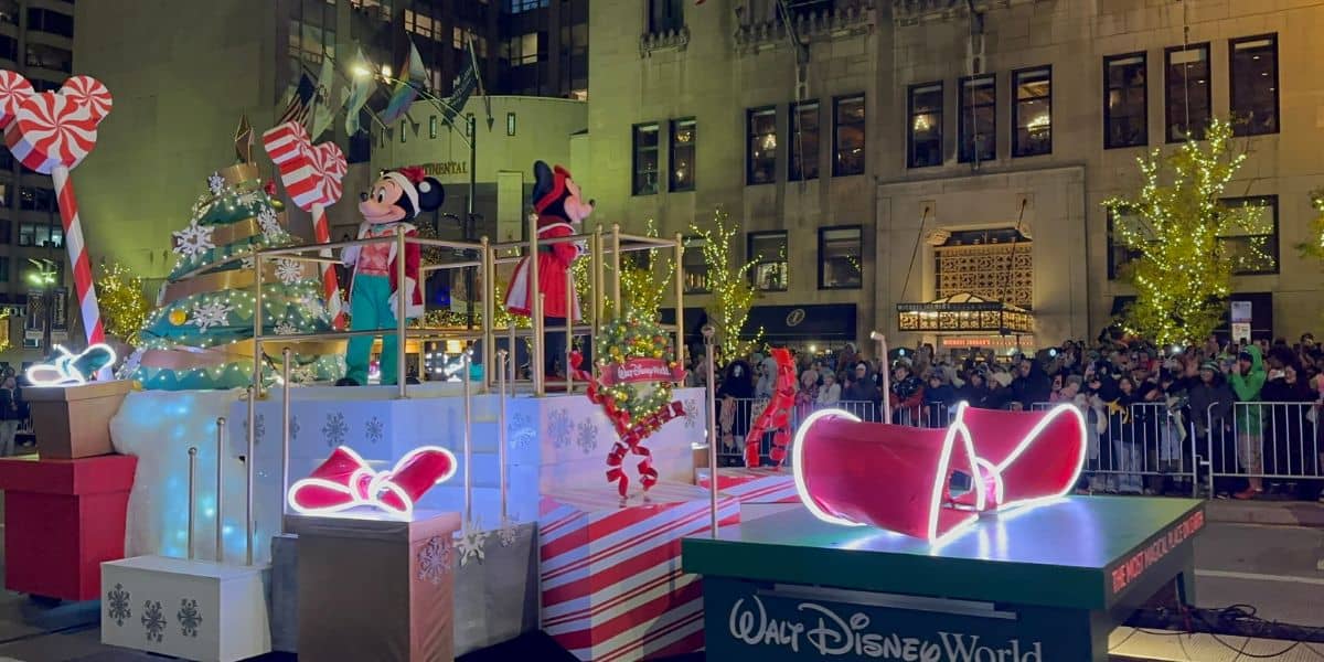 Mickey and Minnie Mouse leading the Magnificent Mile Lights Festival parade in Chicago
