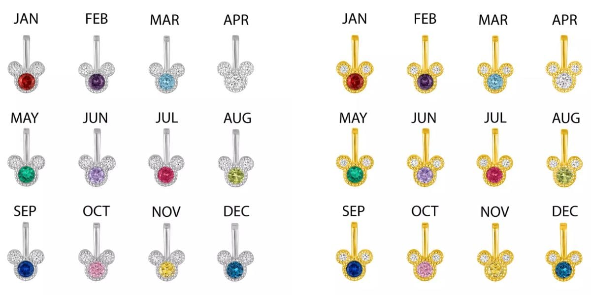 The Mickey Mouse Rebecca Hook birthday stone charm options, by month.