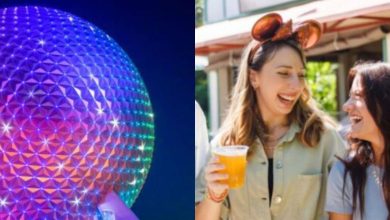 Split image: On the left, Epcot's illuminated geodesic sphere glows at night; on the right, two women with Mickey Mouse ear headbands smile and laugh outdoors, one holding a drink.