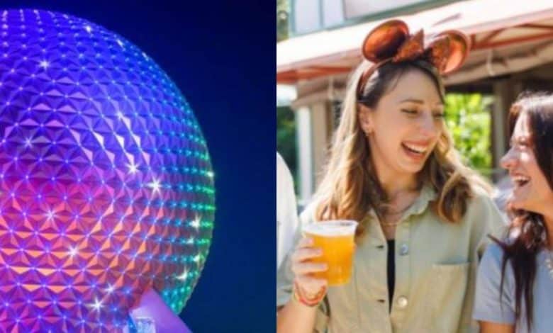 Split image: On the left, Epcot's illuminated geodesic sphere glows at night; on the right, two women with Mickey Mouse ear headbands smile and laugh outdoors, one holding a drink.