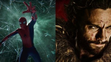 Left: Spider-Man swings through shattered glass. Right: A man with a fierce expression, face splattered with blood, wears a fur cloak against a dark red background.