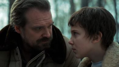 Hopper with Eleven in the woods in 'Stranger Things'
