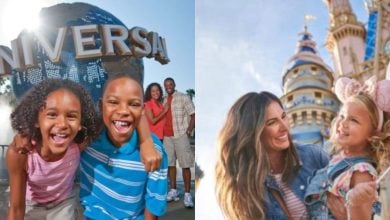 split image with young Universal guests standing in front of the iconic globe on the left and a mom with her young daughter in front of Cinderella Castle on the right