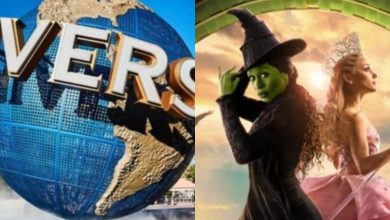 A split image showing the Universal Studios globe logo on the left and two women dressed as witches, one green-skinned and in black and the other in pink with a crown, on the right.