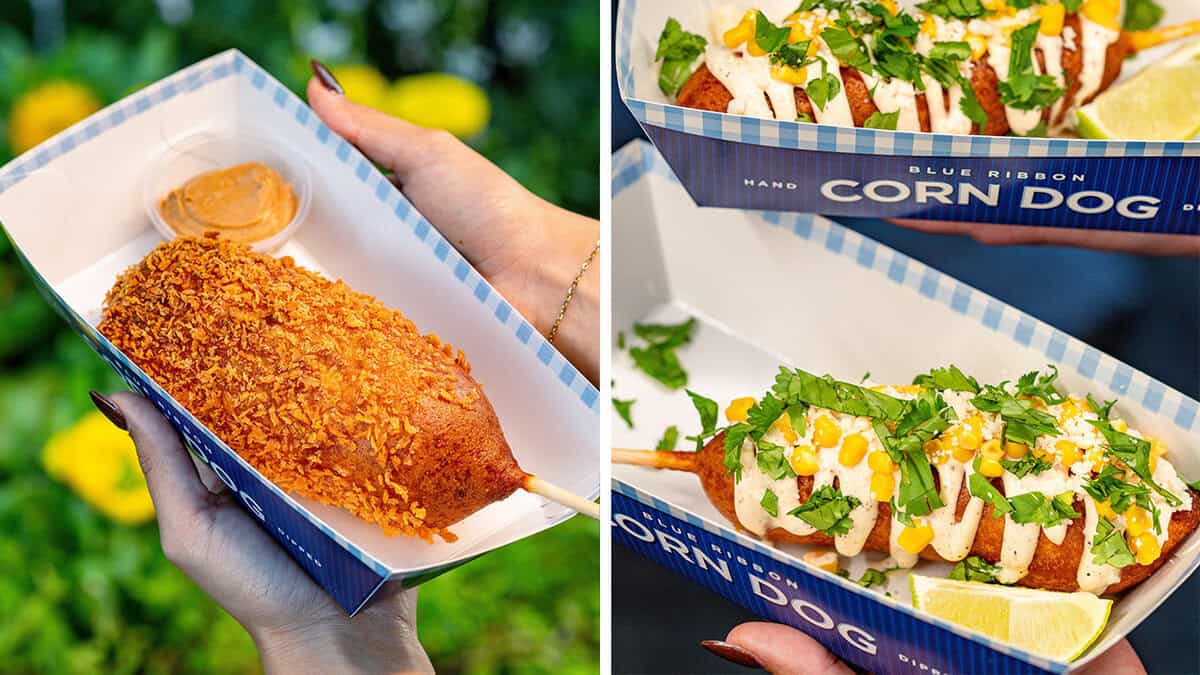 Blue Ribbon Corn Dogs at Disney's BoardWalk—one classic with sauce, others loaded with cilantro, corn, and creamy topping.