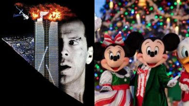 split image with 'Die Hard' movie cover on the left and Mickey Mouse and his friends dressed in Christmas outfits on the right