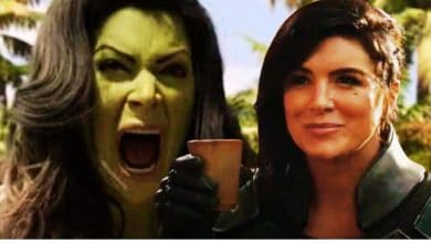 Mixed image: She-Hulk screaming on the left, Cara Dune smiling on the right