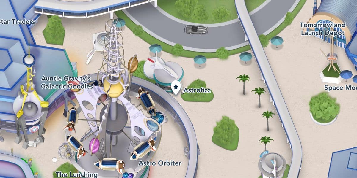 Tomorrowland map at Magic Kingdom with Astro Orbiter, shops, and road—ideal for your Disney Vacation Club adventure.