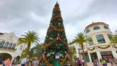 The Disney Springs Christmas tree towers above festive crowds, palm trees, and shops, creating holiday magic beneath a cloudy sky.