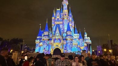 Excited guests gather at night before the illuminated blue and gold Cinderella Castle at Disney World.