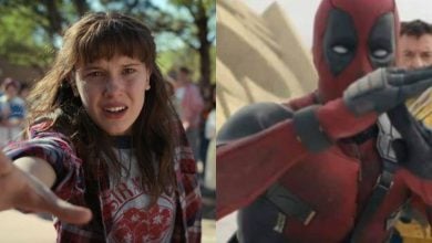 split image of Eleven from Stranger Things (Millie Bobby Brown) on the left and Deadpool (Ryan Reynolds) on the right