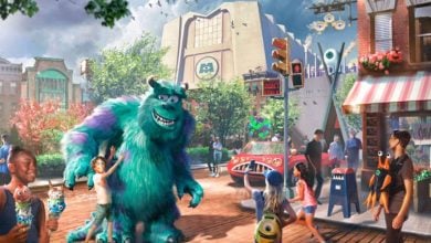 concept art of Sulley with younger guest in Monstropolis (Monster's Inc Land) in Hollywood Studios