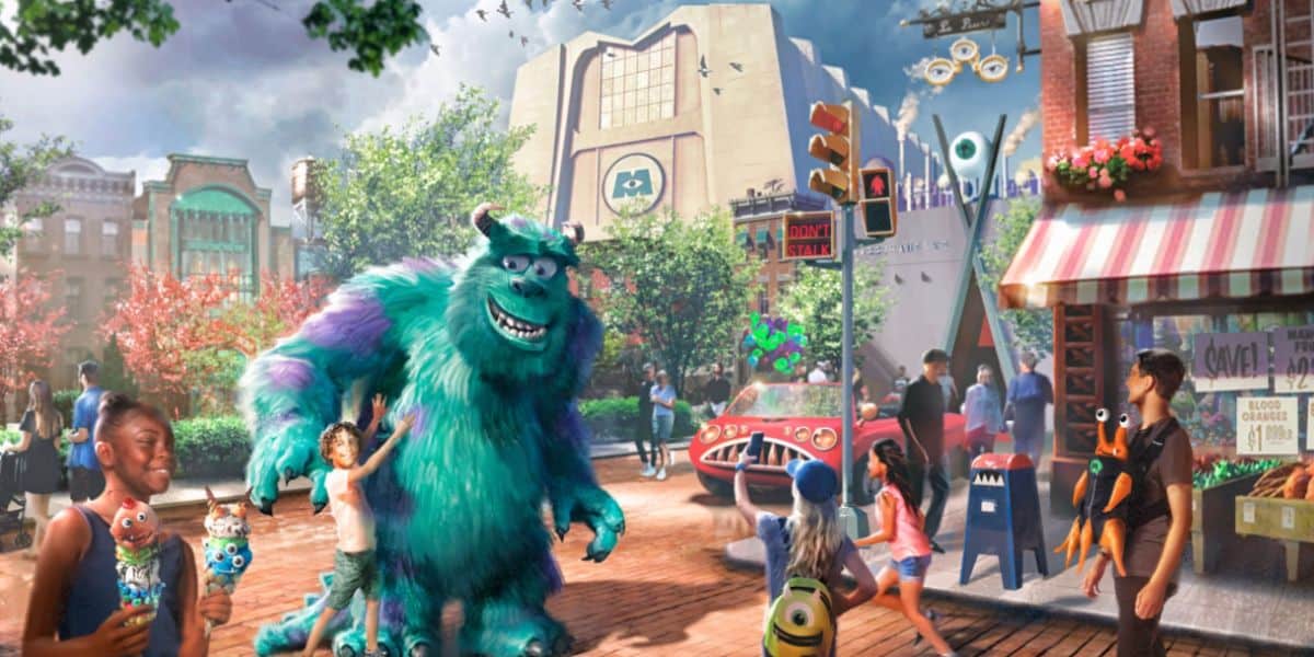 concept art of Sulley with younger guest in Monstropolis (Monster's Inc Land) in Hollywood Studios