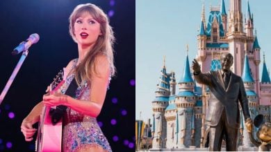 A split image with Taylor Swift (left) and Cinderella Castle (right)