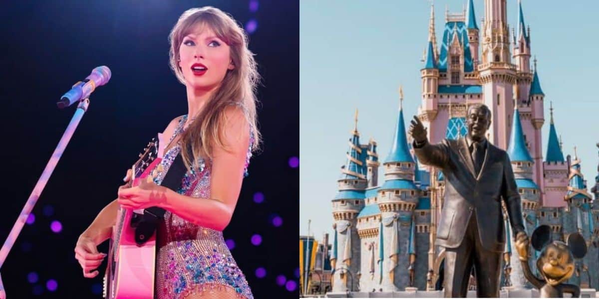 A split image with Taylor Swift (left) and Cinderella Castle (right)
