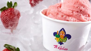 Strawberry gelato on ice with fresh berries at Disney Springs or the Vivoli Affogato Cart, perfect for theme park visitors.