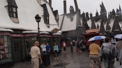 Guests walking through the Wizarding World of Harry Potter.