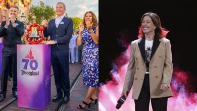 Left: Josh D'Amaro and Bob Iger at Disneyland. Right: Kathleen Kennedy walks onto stage.