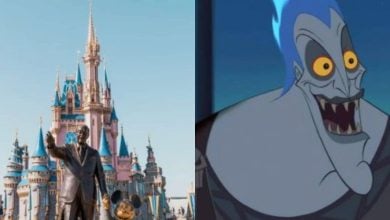 a split image with Disney World's Cinderella Castle on the left and Hades laughing from Hercules movie on the right