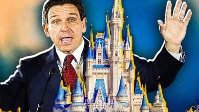 Ron DeSantis edited to look like he towers over Cinderella Castle at Magic Kingdom at Walt Disney World Resort.