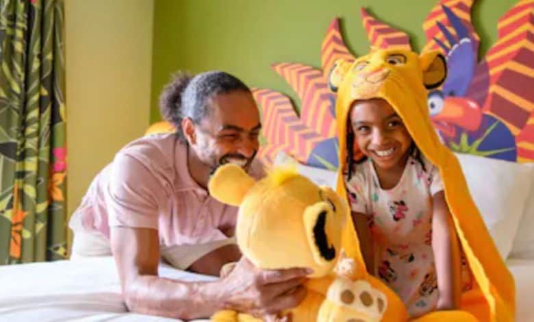 Disney World hotel guests in a Lion-King-themed room