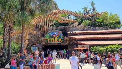 Guests walking toward T-Rex Cafe at Disney Springs.