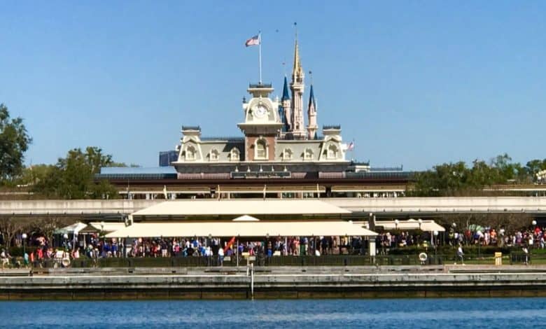 The entrance to Magic Kingdom Park as seen from the ferry. Walt Disney World 2026 performance