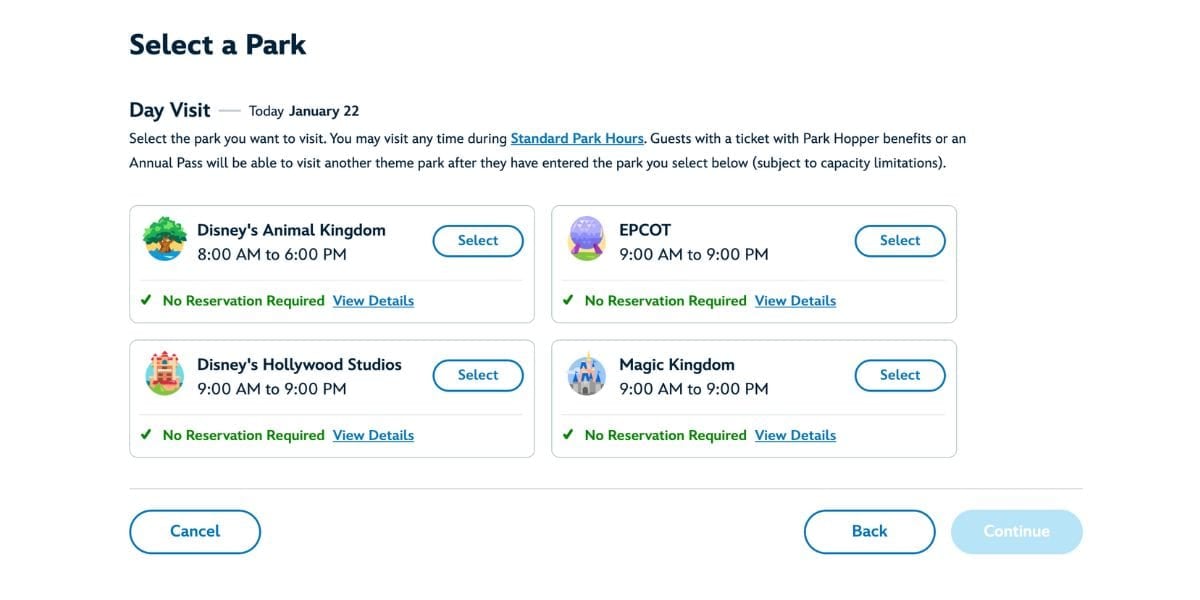 Disney World reservation screen with dates, park hours, and "Select" buttons for Annual Passholders planning their next visit.