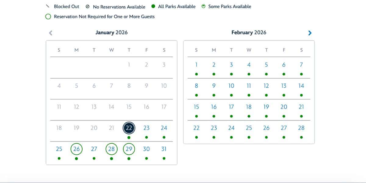 Disney World’s reservation calendar for Jan–Feb 2026 with colored dots marking open and blocked dates for Annual Passholders.