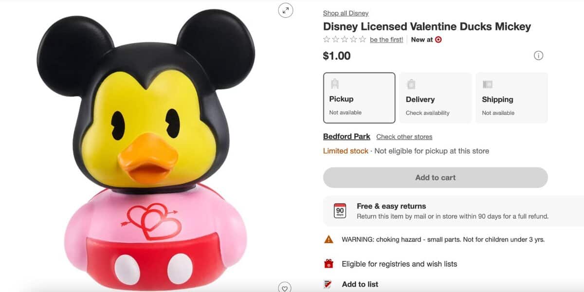 A Valentine's Day Mickey Mouse rubber duck priced at $1 on the Target website